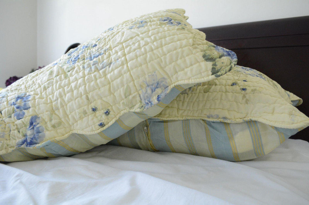 DaDa Bedding Camellia Classic Floral Spring Yellow & Blue Striped Quilted Bedspread Set (DXJ101491) - DaDa Bedding Collection