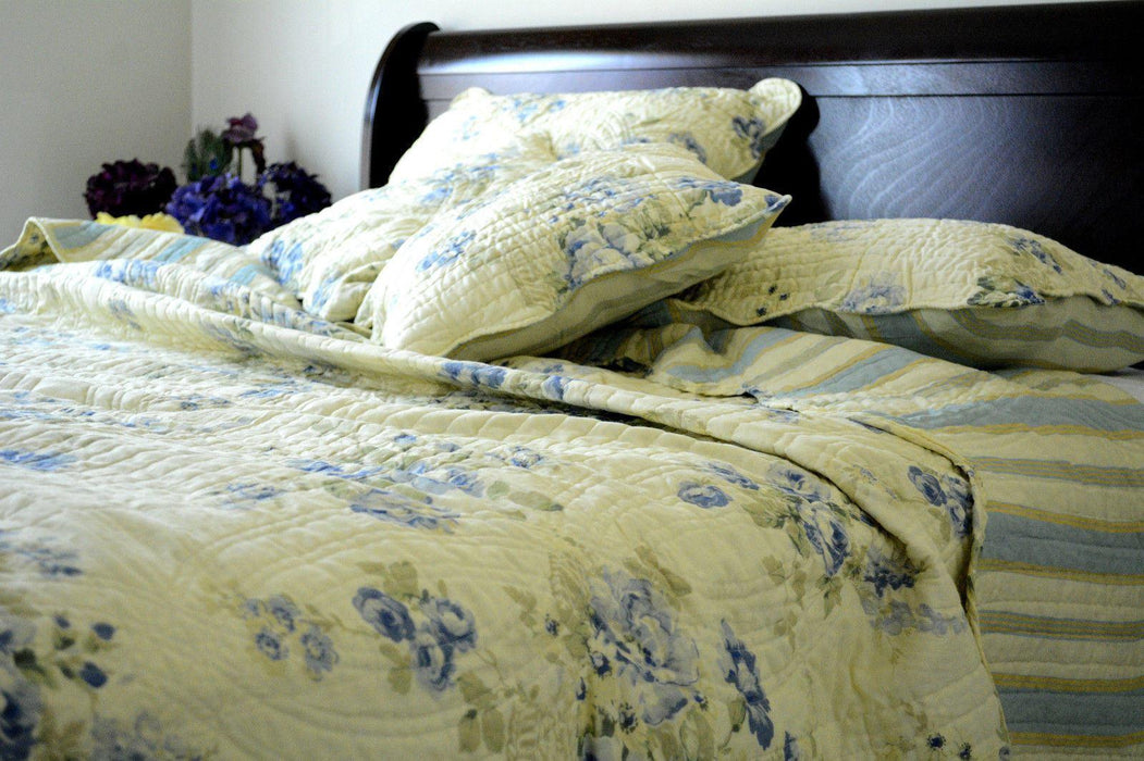 DaDa Bedding Camellia Classic Floral Spring Yellow & Blue Striped Quilted Bedspread Set (DXJ101491) - DaDa Bedding Collection