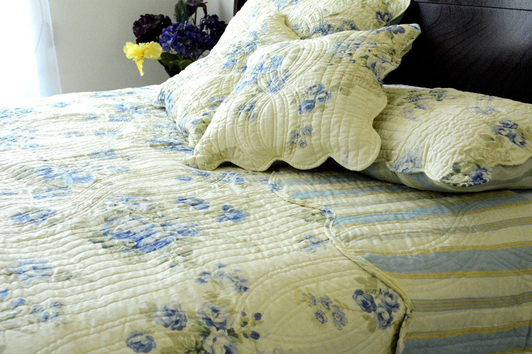 DaDa Bedding Camellia Classic Floral Spring Yellow & Blue Striped Quilted Bedspread Set (DXJ101491) - DaDa Bedding Collection