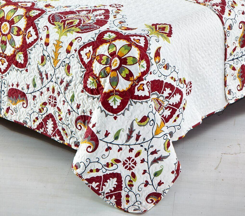DaDa Bedding Casablanca Garden Mediterranean Floral Red & White Quilted Bedspread Set (HS-11130) - DaDa Bedding Collection