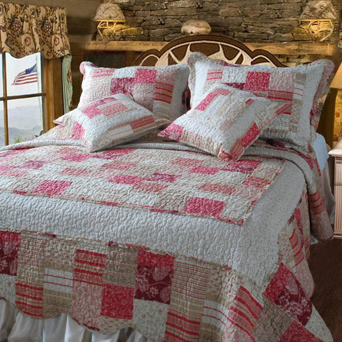 DaDa Bedding Floral Carnations Red White Patchwork Quilted Bedspread Set, King, 5 PCS (DXJ103197) - DaDa Bedding Collection