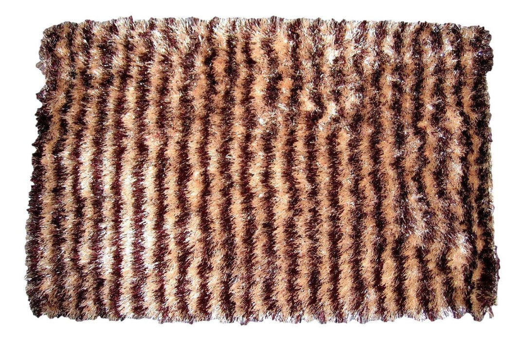 DaDa Bedding Shaggy Soft Door Mat Carpet Rug - 20" x 32" Striped Shiny Coffee Light Beige / Dark Brown - DaDa Bedding Collection