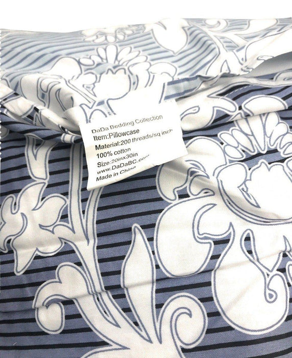 DaDa Bedding Navy Blue Floral Striped Fitted + Flat Sheets & Pillow Cases Set (FSFS8153) - DaDa Bedding Collection
