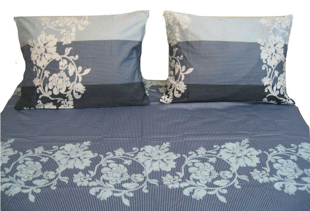 DaDa Bedding Navy Blue Floral Striped Fitted Sheet & Pillow Cases Set - Twin Size (FTS8153) - DaDa Bedding Collection