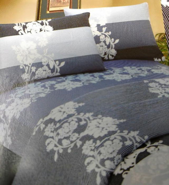 DaDa Bedding Navy Blue Floral Striped Fitted + Flat Sheets & Pillow Cases Set (FSFS8153) - DaDa Bedding Collection