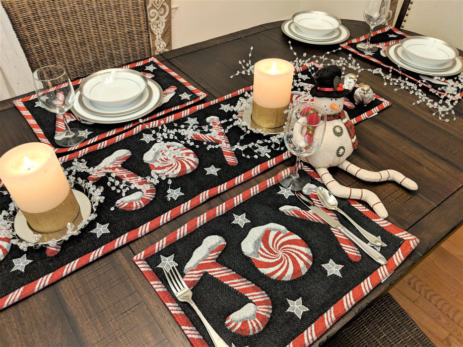 DaDa Bedding Set of 8 Pieces Peppermint Joy Holiday Table Tapestry - 4 Placemats, 2 Table Runners, 2 Throw Pillow Covers (12904) - DaDa Bedding Collection