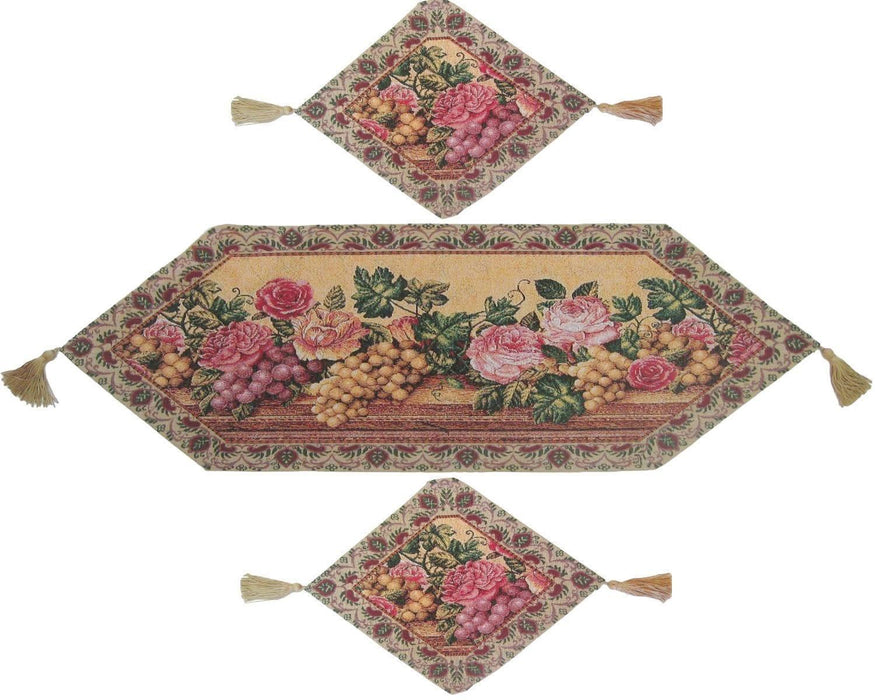 DaDa Bedding Set of 3-Pieces - Romantic Parade of Fruit & Roses Vintage Tapestry Dining Table Runners (14426) - DaDa Bedding Collection