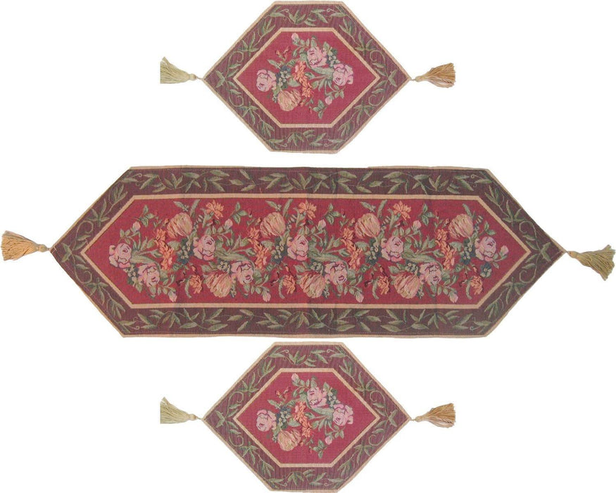DaDa Bedding Set of 3 PCs - Field of Roses Red Floral Woven Tapestry Table Runners (5594) - DaDa Bedding Collection